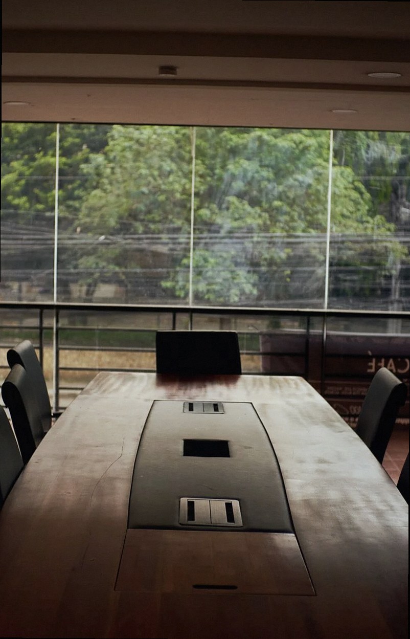 Spacious conference room with a wooden table, overlooking greenery through large windows.